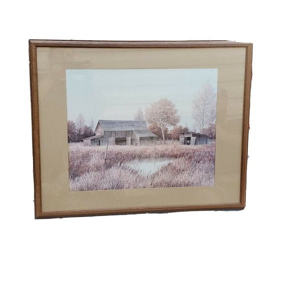1970s Gene Speck Wood Framed Old Barn Farm Landscape Matted Framed Print 30"x24" - Picture 1 of 4